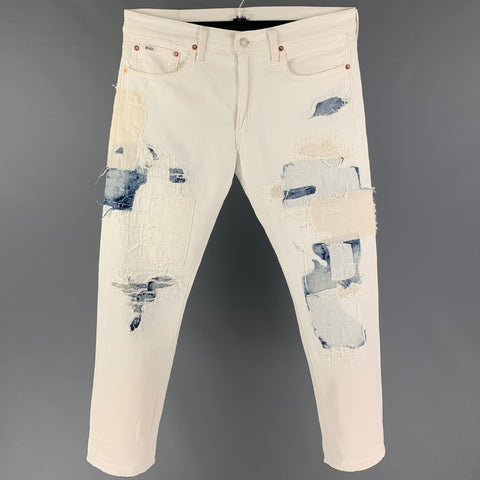 POLO par RALPH LAUREN Taille 33 Jean en coton vieilli blanc et bleu avec braguette zippée