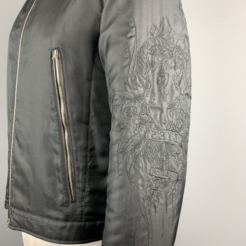 JOHN RICHMOND Size L Black SEX LIES RELIGION Tattoo Silk Blend Zip Up Jacket
