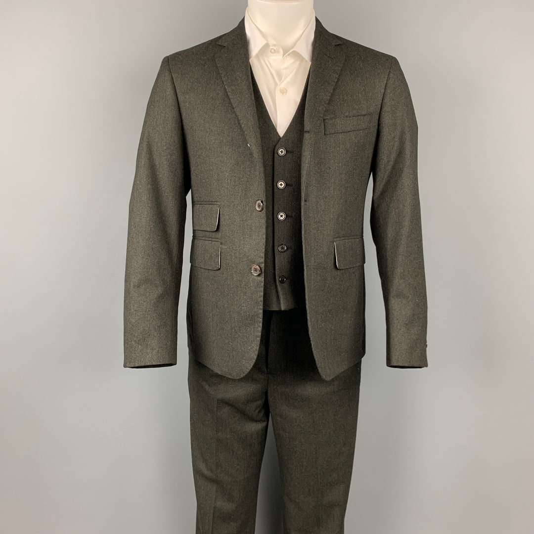 BLACK FLEECE Size 38 Charcoal Grid Wool Notch Lapel 3 Piece Suit