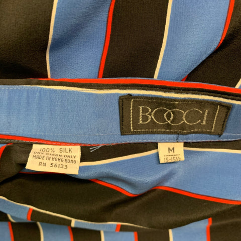 BOCCI Size M Blue Black Stripe Silk Hidden Placket Long Sleeve Shirt
