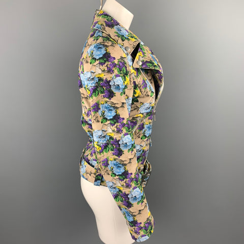 MSGM Size 4 Khaki & Purple Floral Cotton Biker Jacket