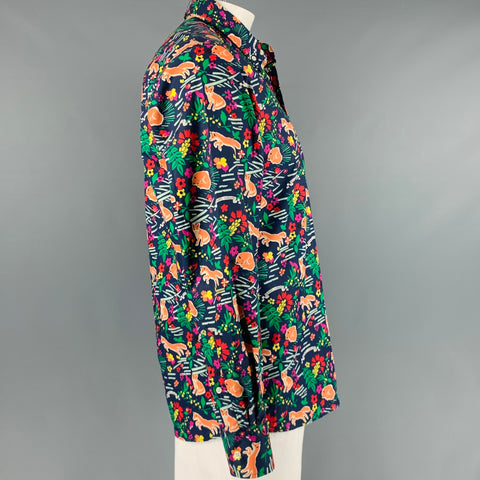 MAISON KITSUNE Size L Navy Multi-Color Print Cotton Long Sleeve Shirt