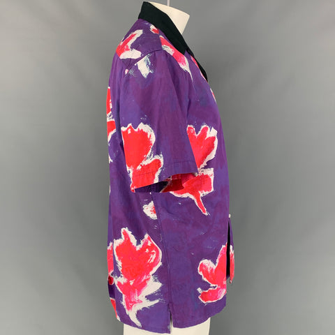 PRABAL GURUNG Size M Purple & Red Abstract Floral Cotton Short Sleeve Shirt