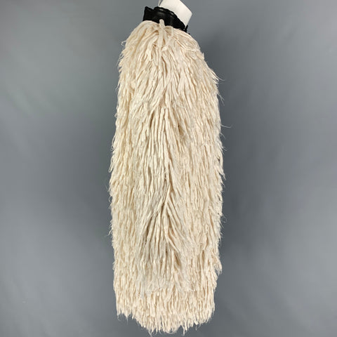 TOM FORD Taille 2 Blanc Noir Soie Shaggy Garniture En Cuir Zip Up Manteau