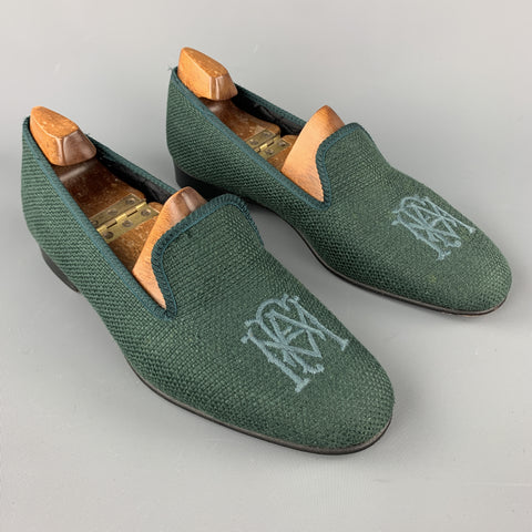 SHIPTON Size 8 Forest Green Woven Silk Embroidery Slippers Loafers