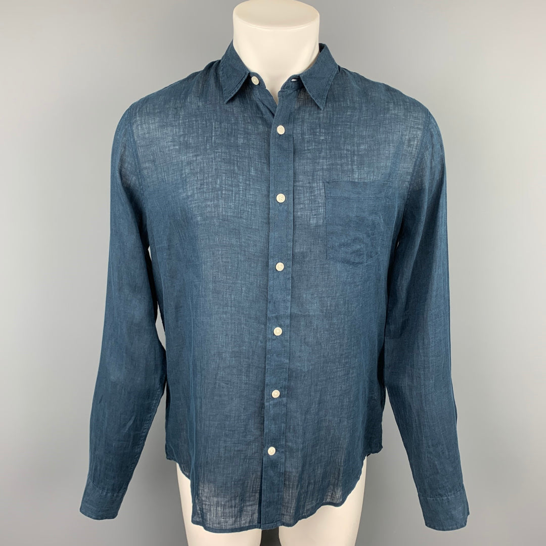 VINCE Camisa de manga larga con botones de lino azul marino talla M
