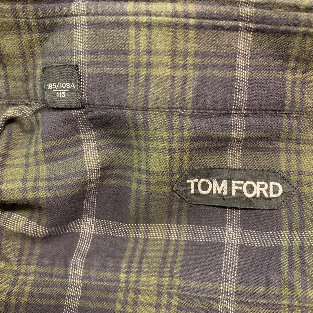 TOM FORD Size XL Black Green Plaid Cotton Button Down Long Sleeve Shirt