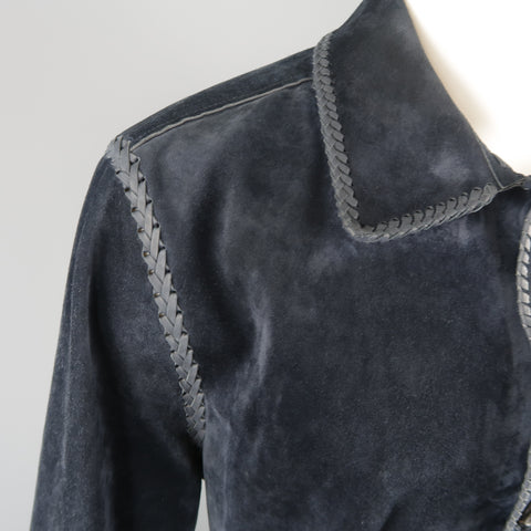 SALVATORE FERRAGAMO 40 Navy Suede Whipstitched Trench Coat