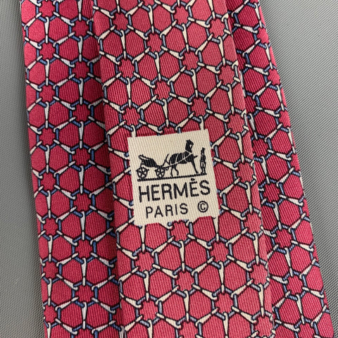 HERMES 7052 TA Corbata de seda con círculos blancos frambuesa