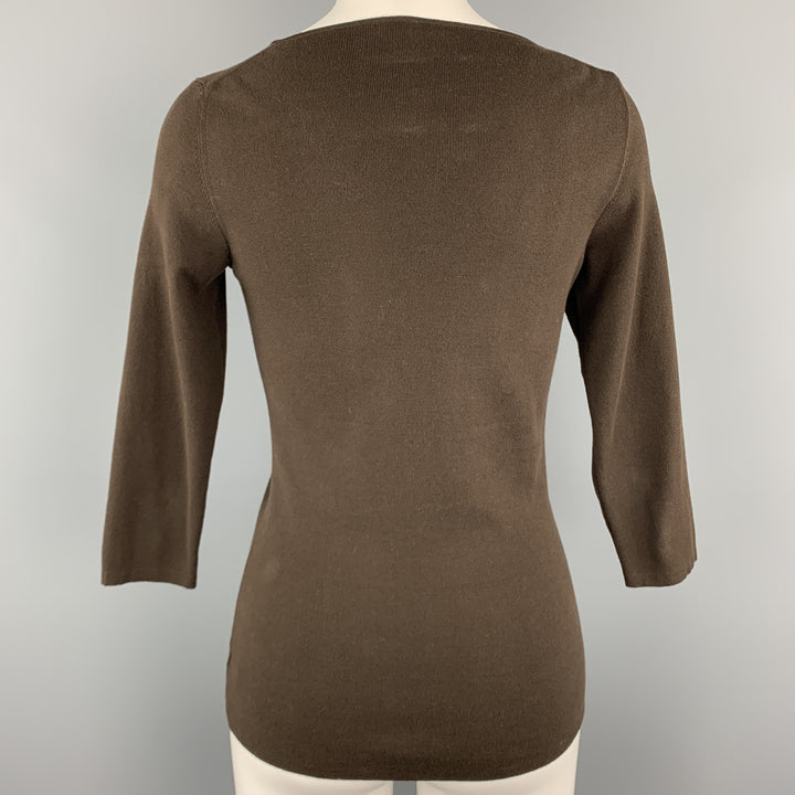 LORO PIANA Size 6 Brown Cotton / Elastane Scoop Neck 3/4 Sleeve Pullover