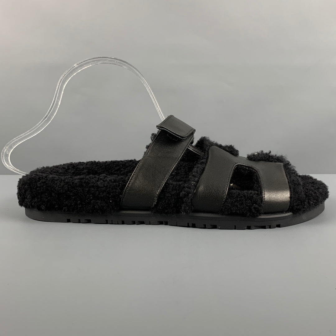 HERMES Size 9 Black Leather Velcro Closure Sandals – Sui  display picture 1