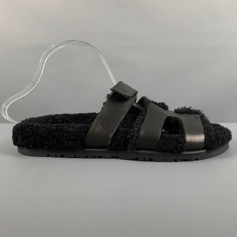 HERMES Size 9 Black Leather Sandals
