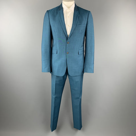BURBERRY LONDON Size 42 Teal Sharkskin Wool / Mohair Notch Lapel Pants Suit
