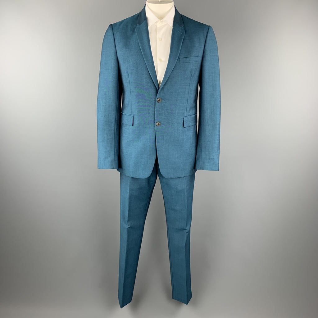 BURBERRY LONDON Size 42 Teal Sharkskin Wool / Mohair Notch Lapel