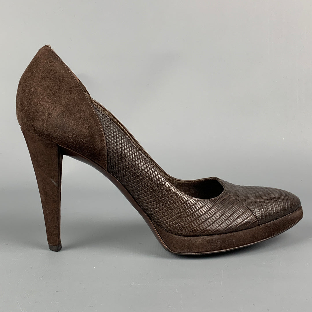 SERGIO ROSSI Size 9.5 Brown Leather Embossed Suede Platform Pumps