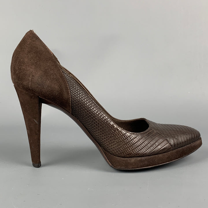 SERGIO ROSSI Size 9.5 Brown Leather Embossed Suede Platform Pumps