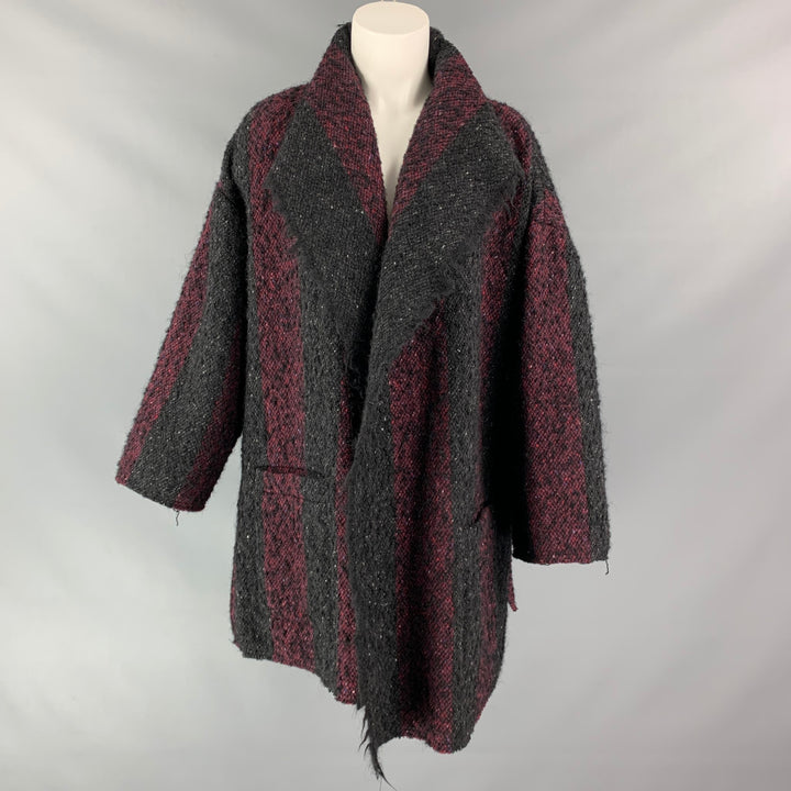 IRO Size 6 Black & Burgundy Stripe Wool Blend Open Front Coat