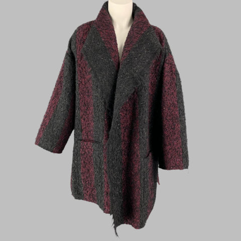 IRO Size 6 Black & Burgundy Stripe Wool Blend Open Front Coat