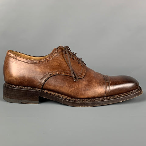 CALZOLERIA HARRIS x BARNEY'S NEW YORK Size 8.5 Bronze Distressed Leather Cap Toe Shoes