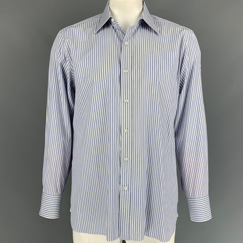TOM FORD Size XL Blue & White Stripe Cotton Button Down Long Sleeve Shirt