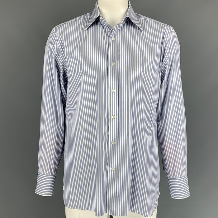 TOM FORD Size XL Blue & White Stripe Cotton Button Down Long Sleeve Shirt