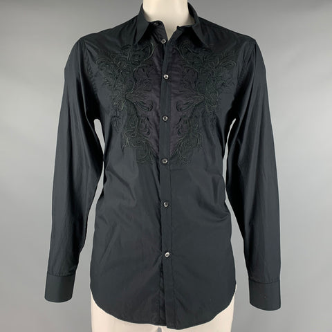 GIANFRANCO FERRE Size L Black Embroidery Cotton Button Up Long Sleeve Shirt