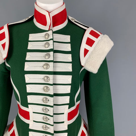 BURBERRY Otoño 2017 Talla 8 Abrigo ceremonial de lana con ribete de piel de oveja verde y rojo