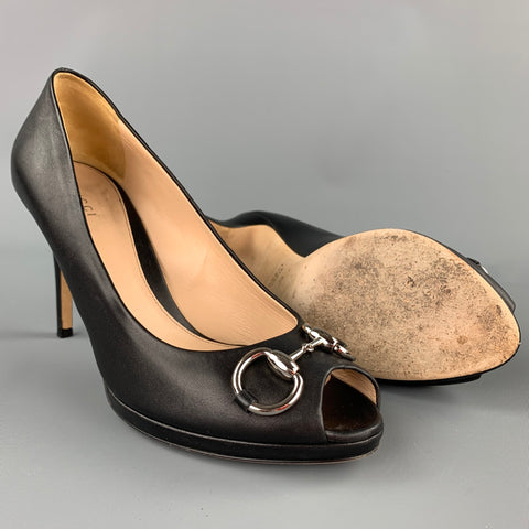 GUCCI Taille 9 Escarpins Peep Toe en cuir noir avec mors