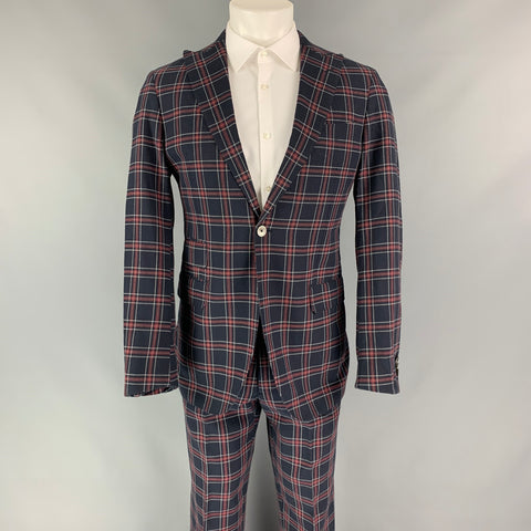 MICHAEL BASTIAN Size 38 Navy Red Plaid Cotton Peak Lapel Suit
