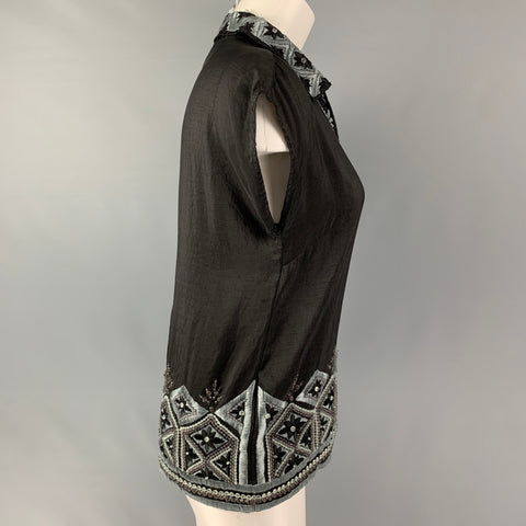 DRIES VAN NOTEN Size 4 Black & Blue Silk Embroidered Sleeveless Dress Top