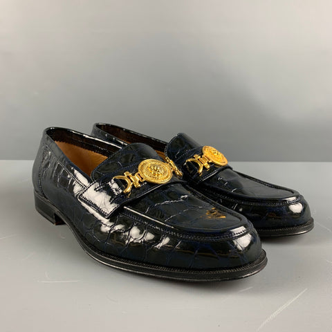 CAPORICCI Size 9 Black Gold Embossed Leather Loafers