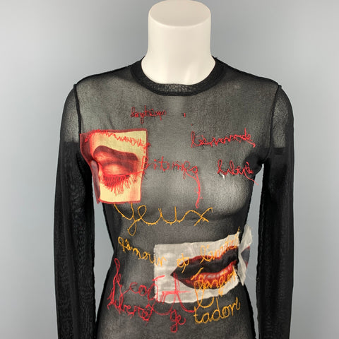 Vintage JEAN PAUL GAULTIER Talla L Jersey de poliamida con bordado de labios y ojos negros