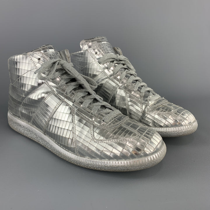 MAISON MARGIELA Size 10 Silver Metallic Leather Disco Ball High Top Sneakers