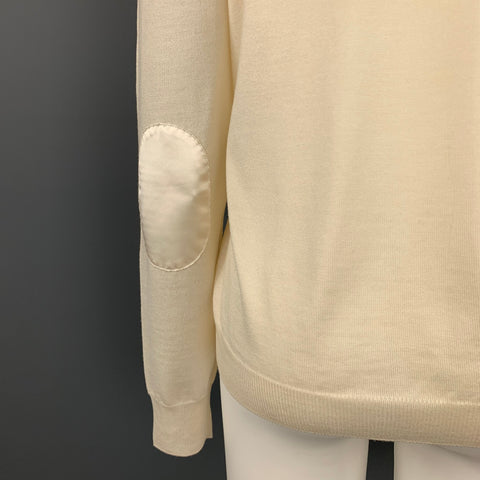 PRADA Talla 8 Cárdigan con botones a presión y parches de codo de seda y lana de punto color crema