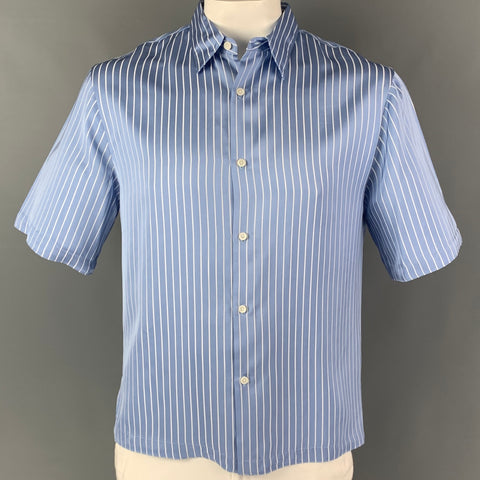 SANDRO Size L Blue White Stripe Viscose Blend Button Up Short Sleeve Shirt
