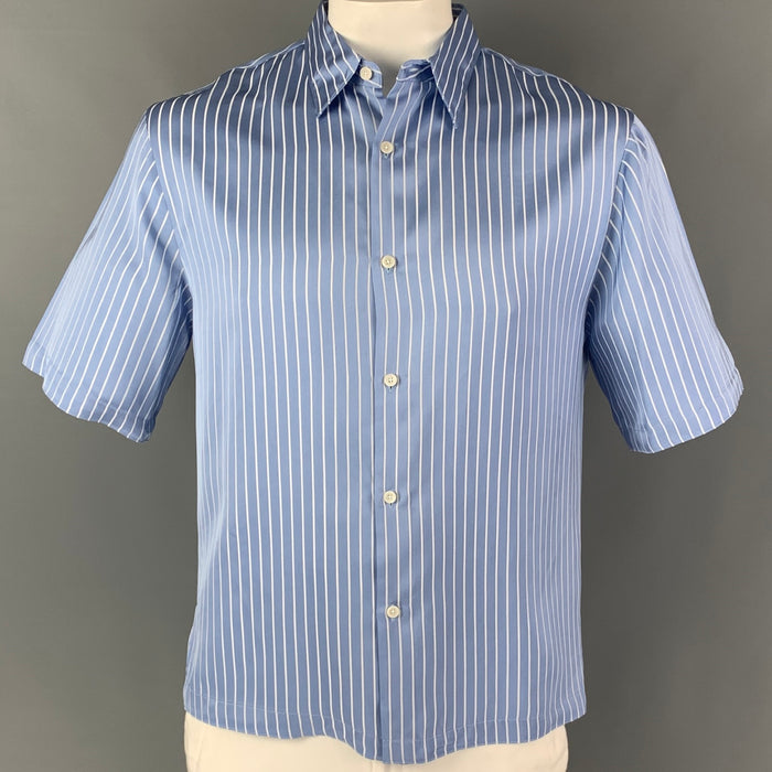 SANDRO Size L Blue White Stripe Viscose Blend Button Up Short Sleeve Shirt