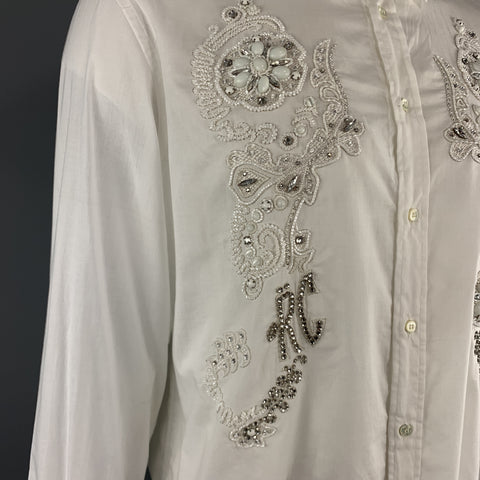 ROBERTO CAVALLI Size XXL White Cotton Beaded Rhinestone Floral Dress Shirt