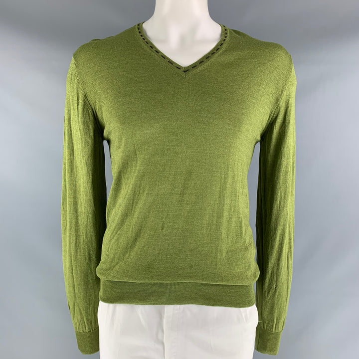 ETRO Size XL Green Contrast Stitch Wool &  Silk V-Neck Pullover