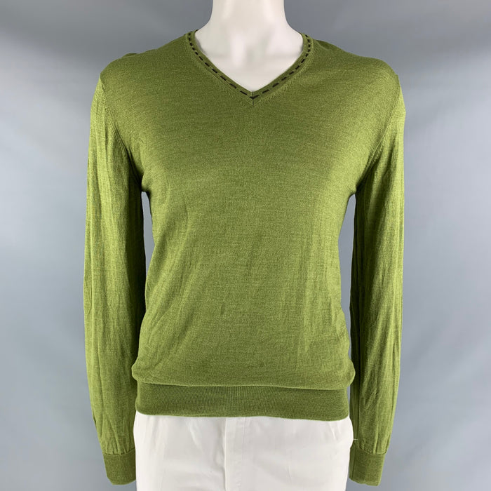 ETRO Size XL Green Contrast Stitch Wool &  Silk V-Neck Pullover