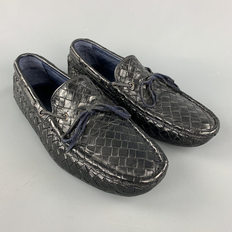 TRASK Size 9 Navy Woven Leather Bow Drivers Loafers