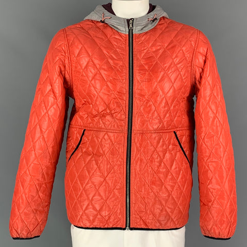 FOLK Size L Orange & Grey Quilted Polyester Zip Up Hooded Jacket