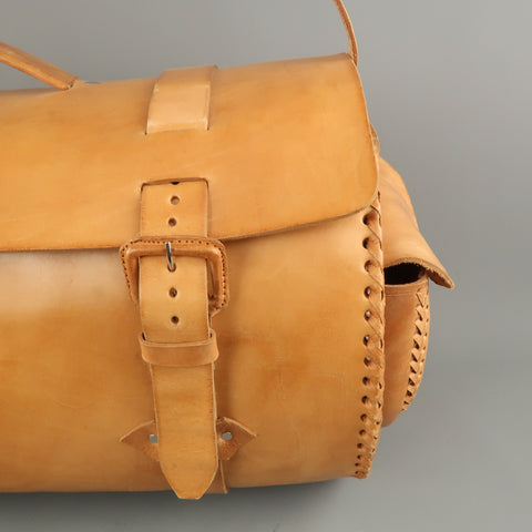 EUROPEAN NATURAL LEATHER BAGS Tan Leather Duffle Woven Trim Duffle Bag
