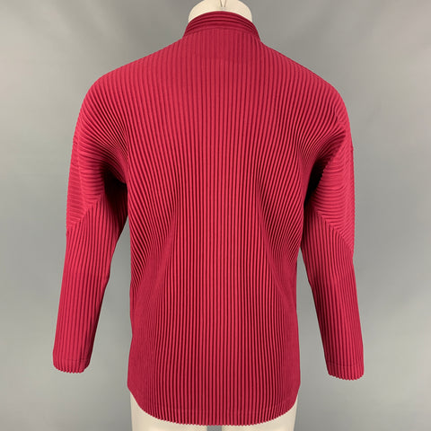 ISSEY MIYAKE HOMME PLISSE Size M Raspberry Pleated Polyester Band Collar Long Sleeve Shirt