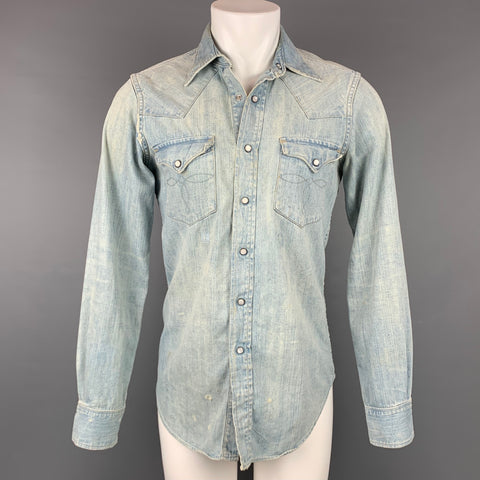 RRL by RALPH LAUREN Size S Blue Distressed Cotton Western Long Sleeve Shirt