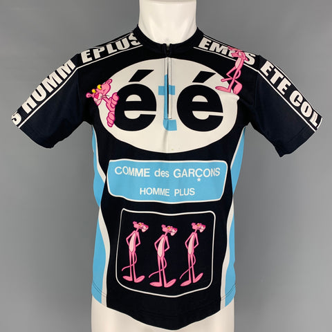 COMME des GARCONS HOMME PLUS Size M Black Blue Pink Panther Logo Polyester Jersey T-shirt