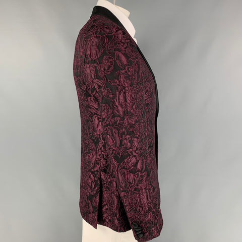 SAND Size 42 Black Burgundy Brocade Acetate Blend Shawl Collar Sport Coat