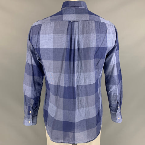 GITMAN BROS Size L Blue Checkered Cotton &  Linen Button Down Long Sleeve Shirt