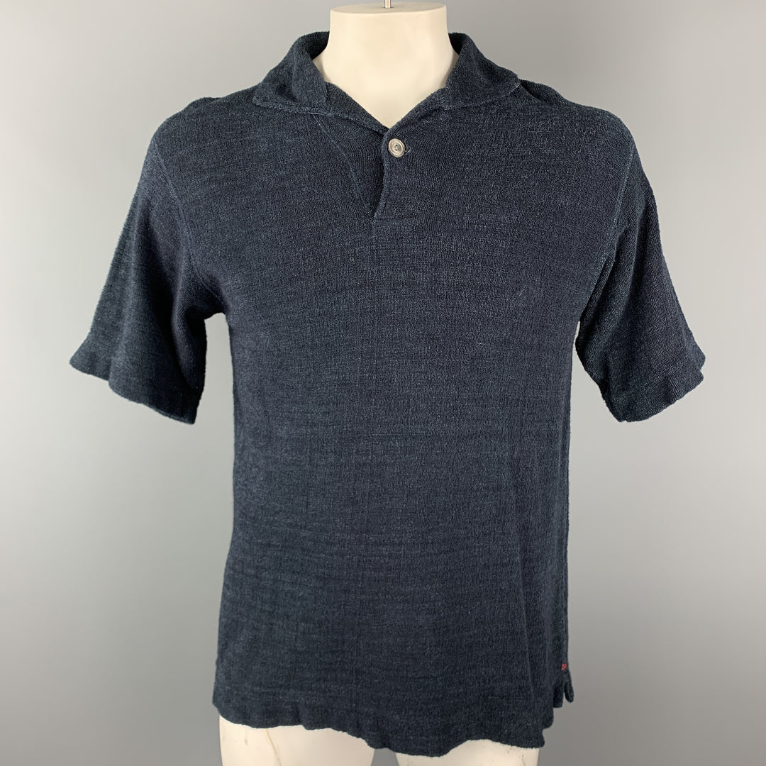 45rpm Size M Navy Textured Terry Cloth Knit Single Button Polo
