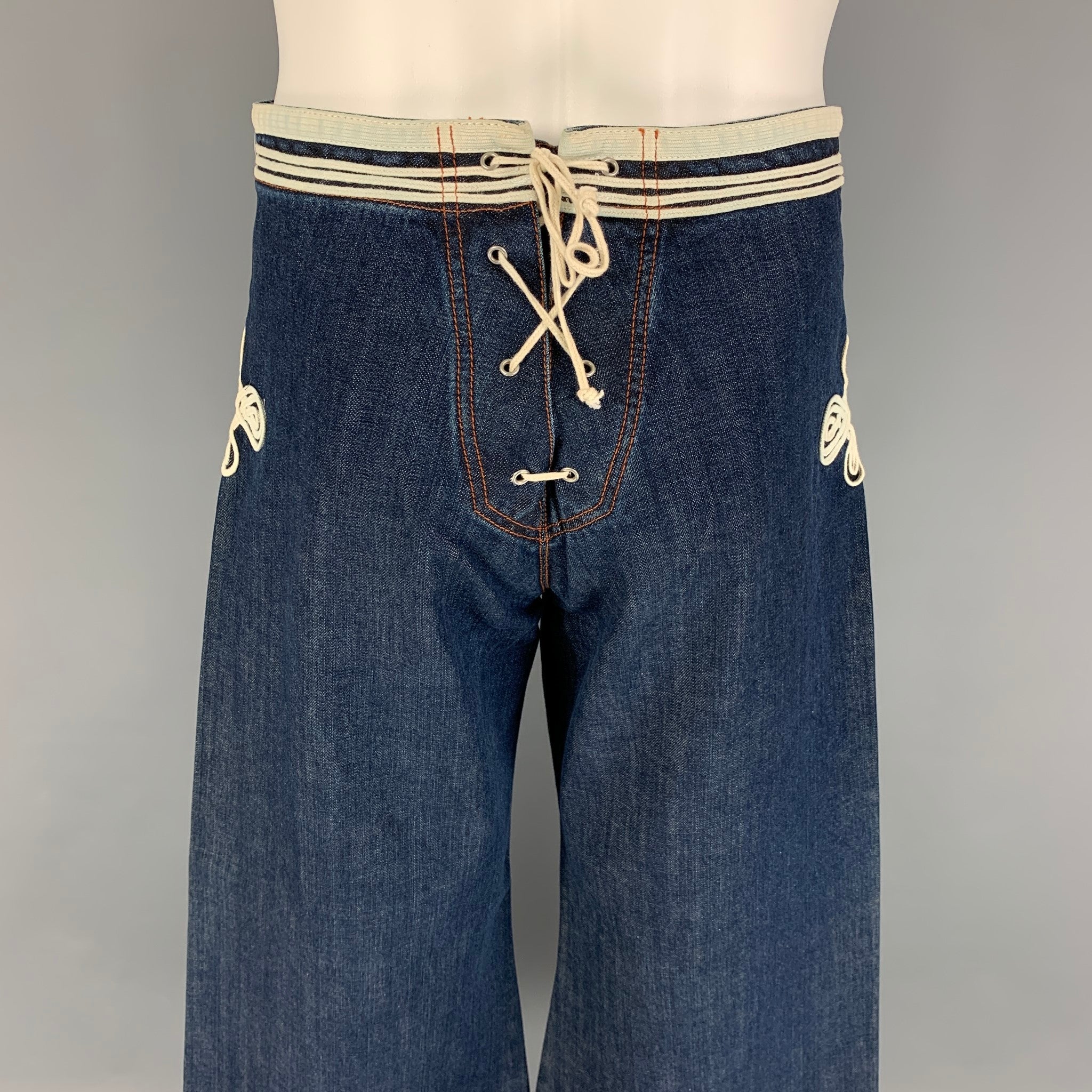 JEAN PAUL GAULTIER Jeans Size 32 Blue White Embroidery Cotton