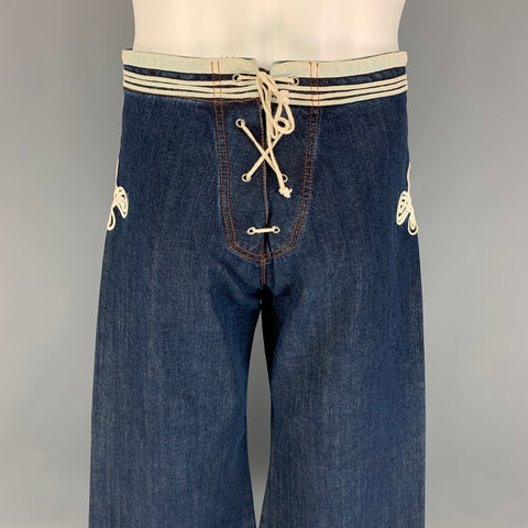 JEAN PAUL GAULTIER Jeans Size 32 Blue White Embroidery Cotton Nautical Wide Leg Jeans